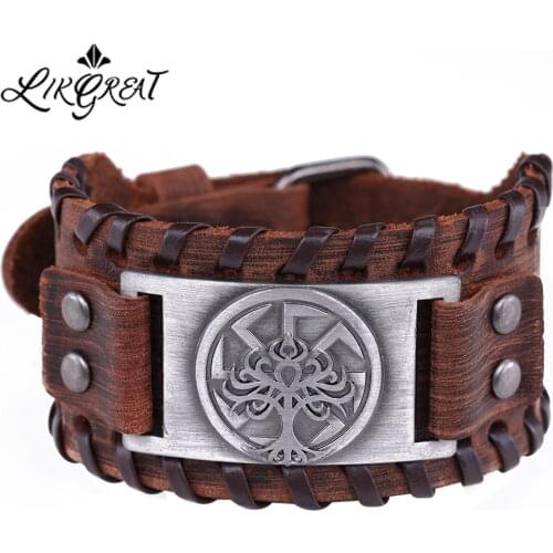 LIKGREAT Viking Tree of Life Wheel Charm Bracelet Male Pagan Talisman Wristband Cuff Bangle Wide Leather Bracelet for Men