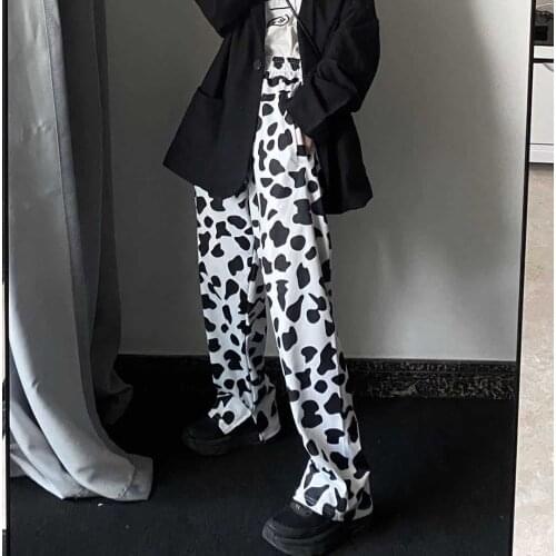 Streetwear Womens Pants Milk Print Wide Leg PantsTrousers Elastic Waist Pockets Casual Female Trousers Harajuku Women Clothing