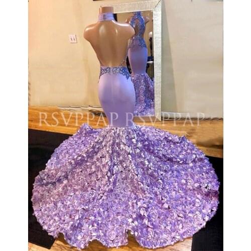 Long Prom Dresses 2021 Sexy See Through Top Beaded Appliques Backless Purple Mermaid 3D Flowers African Girl Prom Gowns