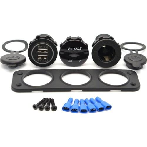 12V Dual Port USB Charger Socket Car Boat Blue LED Voltmeter 3 Hole Panel Outlet