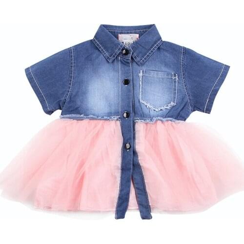 Kids Denim Dresses Summer Baby Girls Clothing Princess Party Dress Vestidos Jeans Mesh Patchwork Dress RT404