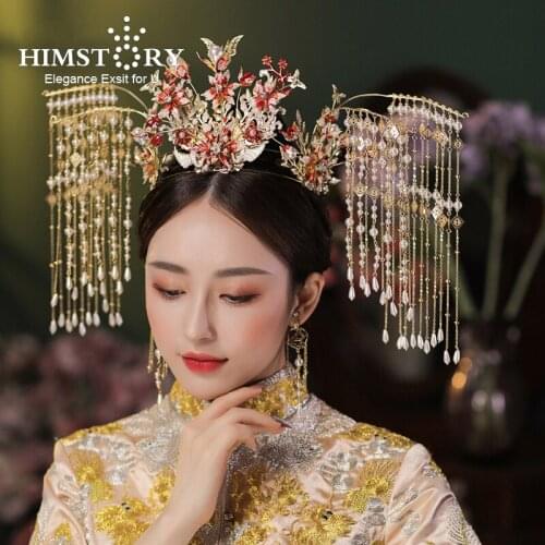 HIMSTORY Retro Chinese Headdress Crown Headband Catwalk Stage Wedding Hair Accessories Pearls Beaded Tassel Headpiece