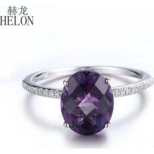 HELON Solid 10K White Gold Oval Cut 10X8mm Natural Amethyst Diamonds Engagement Wedding Ring For Women Gift Party Fine Jewelry