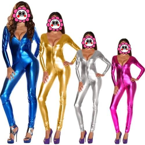4 Colors Women Jumpsuits Romper Sexy Solid Latex Catsuits Gold Zipper Front Night Club Full Sleeve Faux Leather V Neck Bodysuit