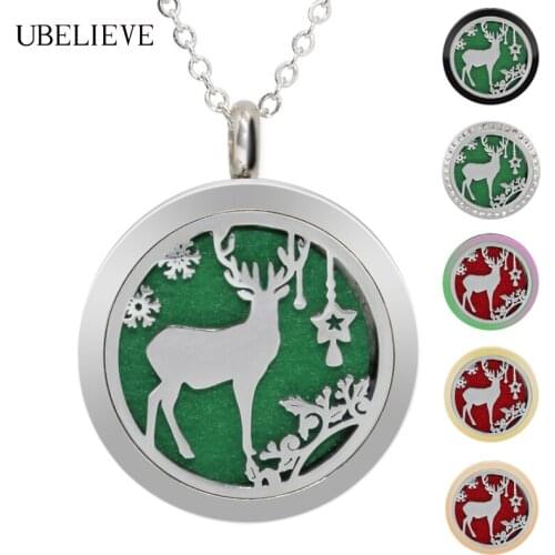 Fashion New Christmas Elk Design Magnet Essential Oil Diffuser Pendant Perfume Locket Choker Necklace With 6pc Refill Pad