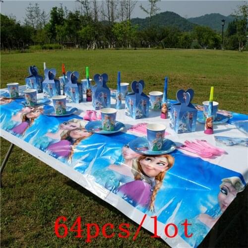 64Pcs Disney Frozen Elsa & Anna Disposable Tableware Sets Family Party Celebration Kids Birthday Party Decoration Event Supply