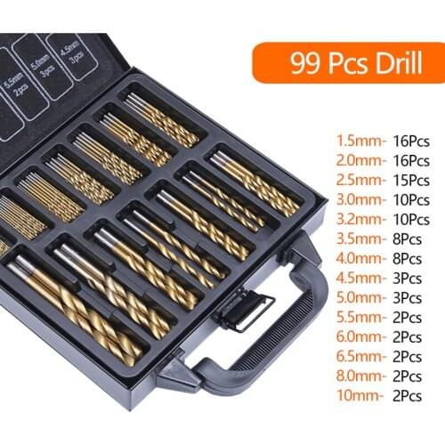 99Pcs HSS Twist Drill Bit Set 1.5-10mm Titanium Coated Surface 118 Degree for Drilling Wood Thin Metal DIY Home Use with Box