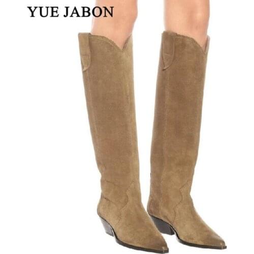 2020 New Natural Suede Leather Boots Thick Heel Retro Western Boots Roman Shoes Womens Cowboy Botas Mujer Pointy Old West Boots