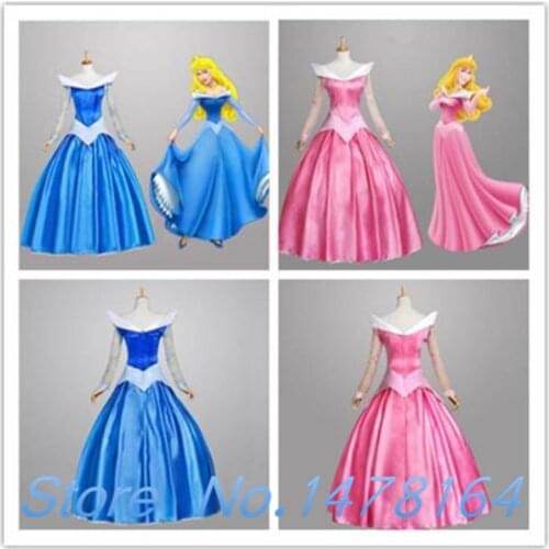 New Adult The Sleeping Beauty Aurora Princess Dress Halloween Cosplay Women Sweet Costumes Blue And Pink Free shipping