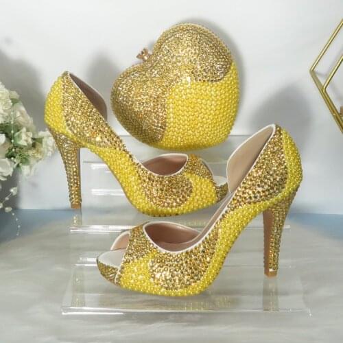 BaoYaFang New Women wedding shoes and bags bride High heels platform shoes Ladies Paty shoes heart purse Day cluthes Golden