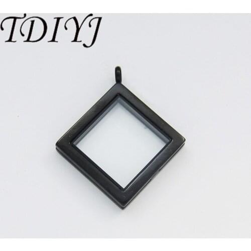 TDIYJ Wholesale 30*30mm Rhombus Stainless Steel Magnetic Floating Glass Black Locket Pendant Necklace for Women 1Pcs