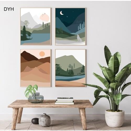 Abstract Landscape Poster Forest Animals Lake River Desert Wall Art Print Canvas Painting Interior Living Room Decoration