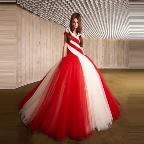 Colorful Red And White Tulle Ball Gown Dresses Splicing Plus Size Women Girls Party Dressing Gowns Custom Made