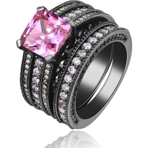 Cubic Zirconia Luxury pink Crystal Rings Sets Black Gold Color Engagement / Wedding Ring Sets Fashion Women Jewelry