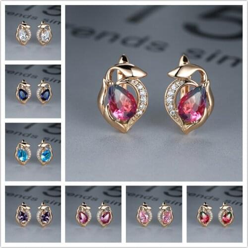Luxury Rose Gold Gradient Crystal Earrings for Women Hollow Water Drop Gemstone Ear Buckle Clip Birthday Anniversary Jewelry