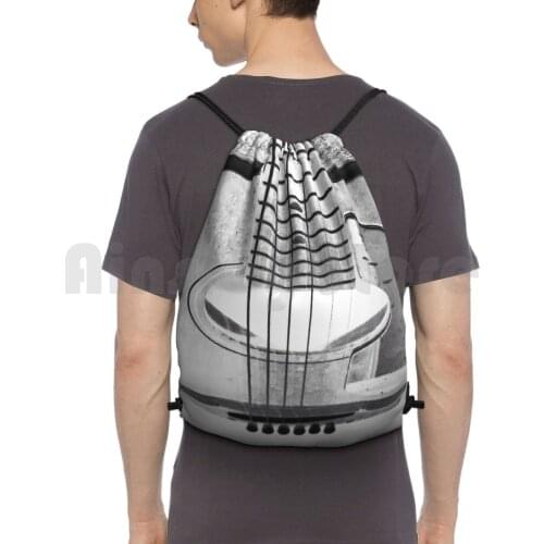 Guitar Strings~Black And White Backpack Drawstring Bag Riding Climbing Gym Bag Black White Guitar Strings Instrument Music