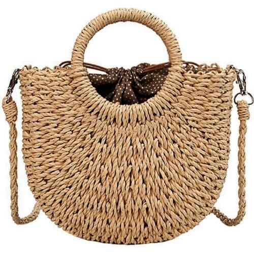 Straw Woven Bag Handmade Rattan Woven Vintage Retro Straw Rope Knitted Women Crossbody Handbag With Ring Fresh Summer Beach Bag
