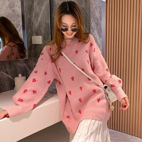 Women Strawberry O Neck Long Sleeve Lovley Sweaters Korean Fashion Clothes Sweet Pink Lady Kawaii Pullover Sweater Autumn Winter