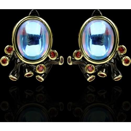 Vintage palace baroque style silver needle earrings female earrings moonlight gemstone earrings black gold two-tone jewelry