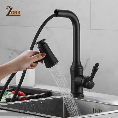 ZGRK Kitchen Faucets Single Handle Pull Out Kitchen Tap Single Hole Swivel 360 Degree Water Mixer Tap Hot And Cold Faucet Black