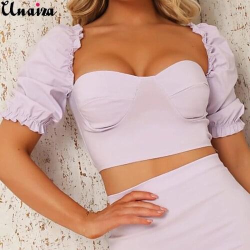 Unaiza Women T-shirt Summer Fashion Slim Short High Quality Solid Color Shirt Square Collar Pile Sleeves Short-Sleeved T-shirt