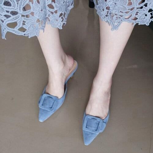 2021 Spring and Autumn Korean Version Fashion Sandals Heel Shallow Tip Womens Shoes Fine Heel High Shoes Blue Nude Magenta