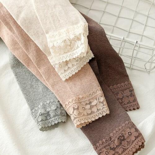 Harajuku Lace Stitching Stretch Leggings Women Vertical Stripes Thin Sweet Cotton High Waist Leggins Pencil Pants Women C7546