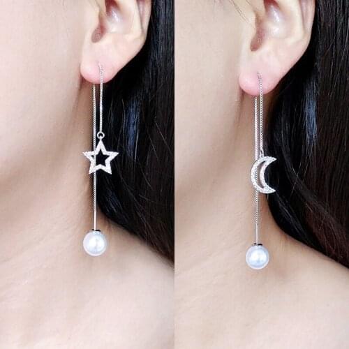Silver 925 Earrings For Women Zirconia Luna Star Pearl Asymmetry Long Tassel Ear Lines Brincos Femme Pendientes Korea Jewelry