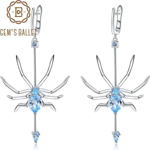 GEMS BALLET Natural Sky Blue Topaz Spider Earrings 925 Sterling Sliver Vintage Gothic Punk Drop Earrings For Women Fine Jewelry