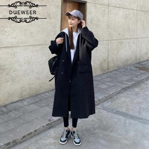 Women Wool Blends Winter Patchwork Hooded Double-breasted Warm Woolen Coat Student Preppy Simple Leisure Loose All-match Female