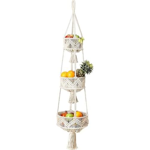 3 Tier Hanging Fruit Basket for Kitchen, Macrame Hanging Basket for Fruit and Vegetable Storage, Boho Wall Baskets