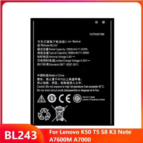 Original Replacement Phone Battery BL243 For Lenovo K50 T5 S8 K3 Note A7600M A7000 Genuine Rechargable Batteries 3000mAh