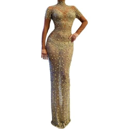 Shining See Through Mesh Gold Rhinestones Long Dress Women Birthday Celebrate Dress Prom Party Night Singer Transparent Dresses