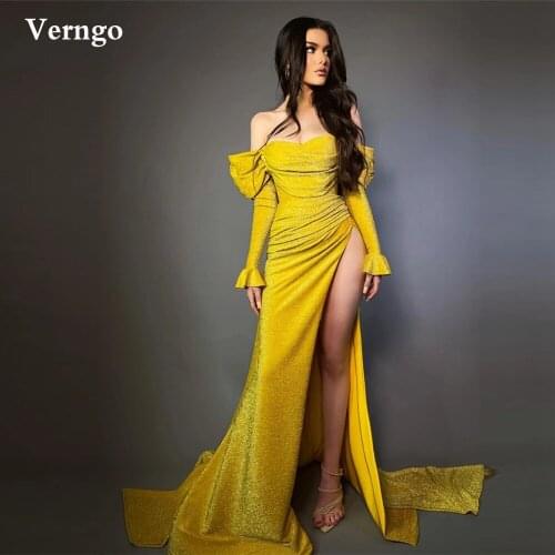 Verngo Glitter Gold Mermaid Evening Dress 2021 Off Shoulder Long Sleeves Sweetheart High Side Slit Sexy Formal Prom Dresses