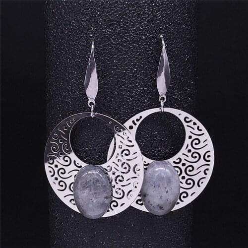 Bohemian Stainless Steel Flash Stone Dangle Earrings Women Silver Color Big Earrings Jewelry boucles d oreille femme EXS04