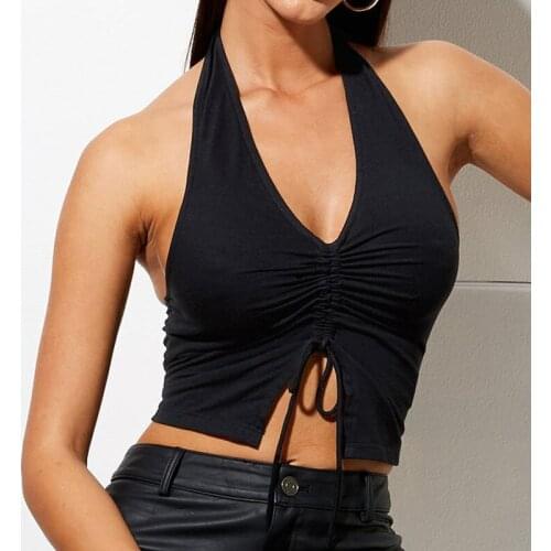 CHRONSTYLE Y2K Women Deep V Neck Halter Cropped Camis Tube Top Tie Back Striped Sleeveless Bustier Solid Tank Fashion Streetwear
