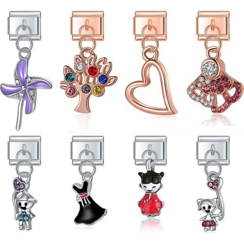Hapiship Fashion Rose Heart Tree Windmill Girls Princess Skirt Charm Links Fit 9mm Bracelet Stainless Steel Jewelry Making DJ328