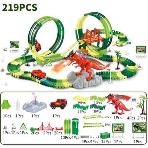 Dinosaur Track Toy Assembly Race Track Building Block Track Playset Track Car Toy with 1 Car Road Sign Simulation Scene 69HE