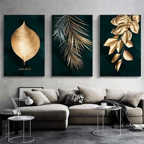 Canvas Painting for living room Dark green gold Big leaves Poster Light luxury wall Abstract picture Modern Decorative Paintings
