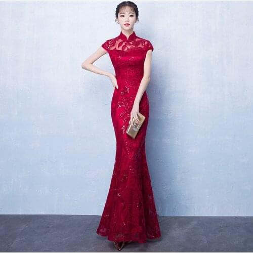 Mermaid Chinese Evening Dress Red Embroidery Cheongsam Oriental Style Party Dresses Sleeveless Qipao China Women Clothing