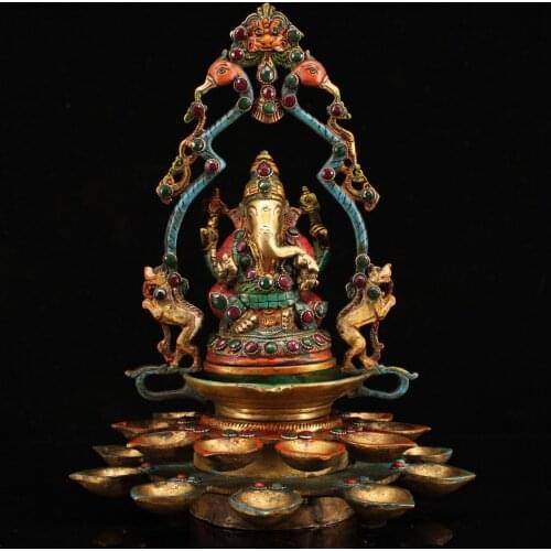 12"Nepal temple collection Old Bronze outline in gold Painted mosaic Gem Elephant Trunk God of Wealth Buddha Phoenix head statue