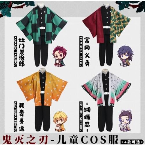 Demon Slayer: Kimetsu no Yaiba Cosplay Kids Costume Kamado Tanjirou Agatsuma Zenitsu Tomioka Giyuu Kimono Cape Black Uniform