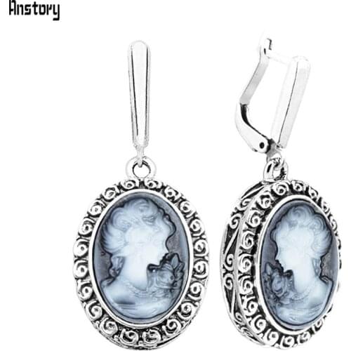 Lady Queen Cameo Earrings For Women Snail Pendant Vintage Earrings Antique Silver Plated Fashion Jewelry