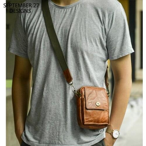 New Fashion Men Mini Satchels Genuine Leather Luxury Handmade Male Retro Small Cell Phone Messenger Crossbody Shoulder Bag