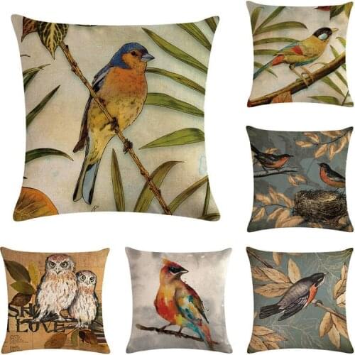 Fashion High Quality Cotton Linen Colourful Ink Painting Birds Cushion Cover Car Decorative Throw Pillow Case Sofa Home Decor