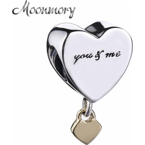 Moonmory Real 925 Sterling Silver Charm You&Me Heart and Gold Lock Love Bead Fit Brand Bracelet DIY Jewelry Accessory