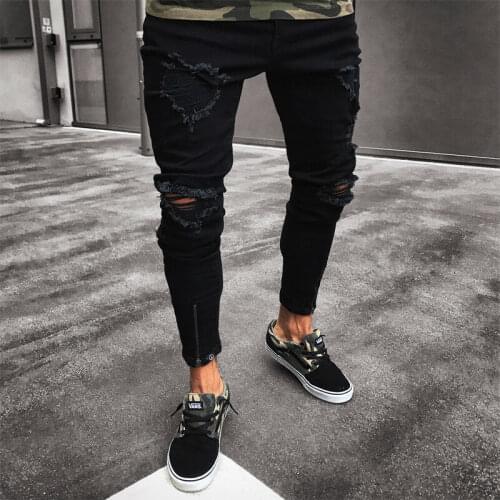 Hip Hop Destroyed Frayed Slim Fit Black Denim Pants Mens Cool Designer Zipper Ripped Skinny Jeans