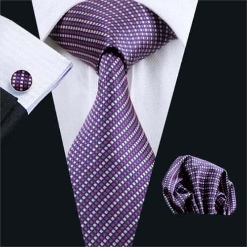 FA-471 Gents Necktie Purple Plaid 100% Silk Jacquard Tie Hanky Cufflinks Set Business Wedding Party Ties For Men Free Shipping