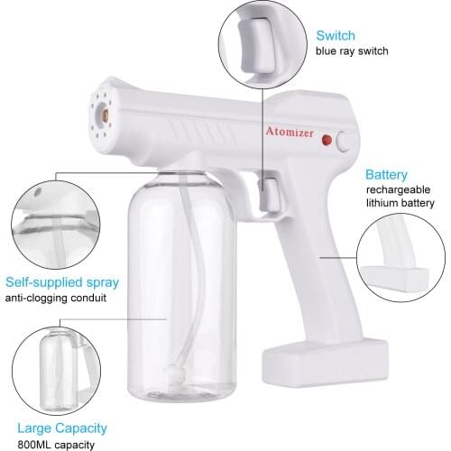 Blue Light Nano Atomizer Rechargeable Sterilizing Sprayer 800ml Portable Cordless Electric Spray Machine Adjustable Fog