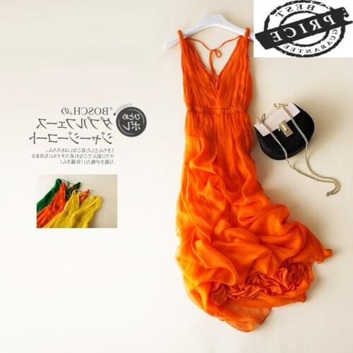 Real Summer 100% Silk Dress Women Clothes 2021 Boho Elegant Sexy V Neck Beach Party Dresses Ladies Long Vestidos LW2a56